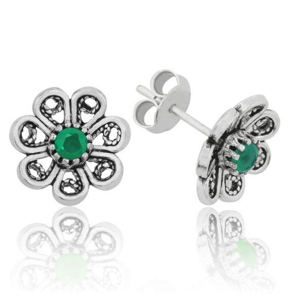 Sterling Silver Green jade stone Floral earrings - Picture 5 of 8
